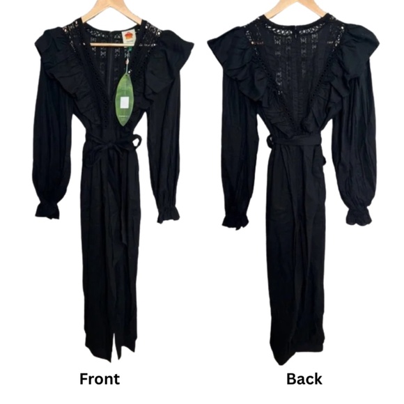 NWT Farm Rio Black Laces & Ruffle V-Neck Linen-Blend Jumpsuit (XS) - Picture 6 of 10